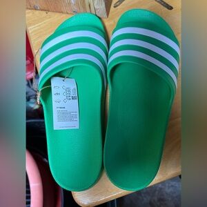 Adidas slides- green sandals with triple white stripe